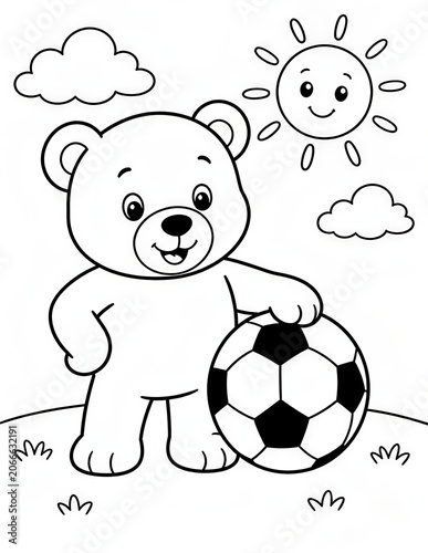 Cute Teddy Bear Playing Soccer Coloring Page for Kids Black and White Cartoon Illustration