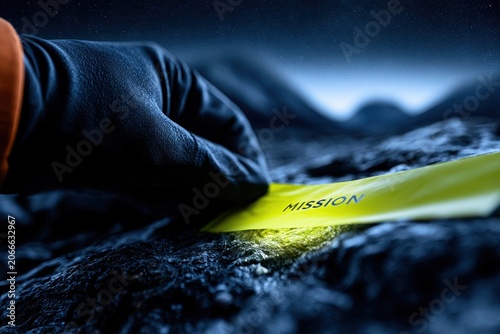Explorer hand placing a glowing yellow mission label on a rugged dark rock in a sci-fi landscape