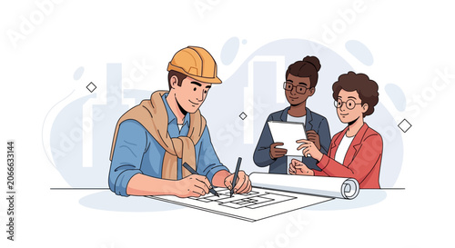 Diverse team of architects and engineers collaborating on construction blueprints, planning project development