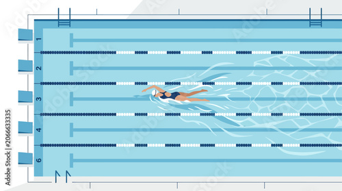 A calming flat design illustration of a female swimmer gracefully doing laps in a tranquil swimming pool, viewed from a high-angle. 