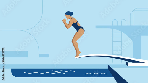 An anticipation-filled flat design illustration of a female diver poised on a springboard, ready to execute her dive. 