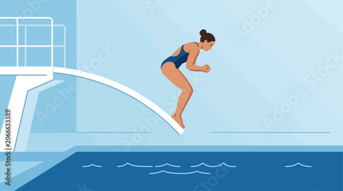 An anticipation-filled flat design illustration of a female diver poised on a springboard, ready to execute her dive. 