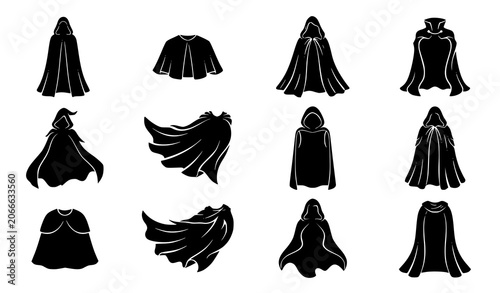 Black Cloak and Cape Silhouette Vector Set with Fantasy and Fashion Accessories