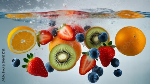 Fresh strawberries, blueberries, kiwi, and oranges splashing into crystal-clear water, dramatic slow motion, white background, vibrant colors