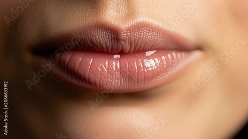 Close-up of Full Lips with Glossy Lipstick, Beauty and Cosmetics.