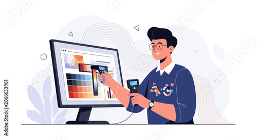 Graphic designer using colorimeter and computer with color palette for digital art and design