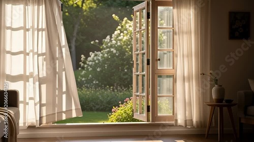 Open Window with Flowing Curtains in a Bright Room.