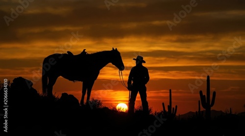 A lone cowboy stands with his saddled horse during a vibrant golden sunset in the desert landscape.