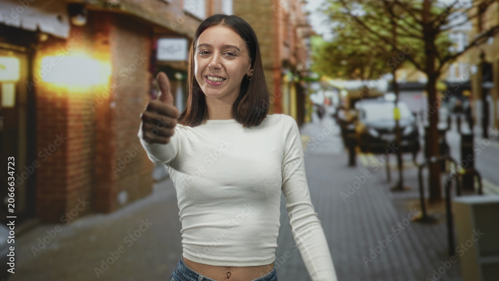 Fototapeta premium Woman smiling and giving thumbs up with prominent thumb toward camera on a busy brick street wearing white long sleeve crop top; encouragement optimism.