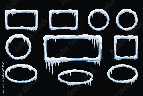 Fotografía Vector set of frozen ice frames with snow and hanging icicles isolated on black