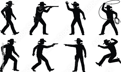 Obraz na plátně Wild west cowboy action silhouettes set including shooting, lassoing, and walkin