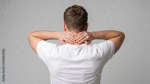 A man in a plain white t-shirt gently massages his stiff neck with both hands to relieve tension while facing away from the camera lens.