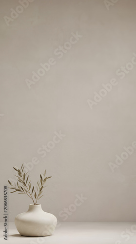 Minimalist Ceramic Vase with Olive Branch Against Neutral Beige Wall Background
