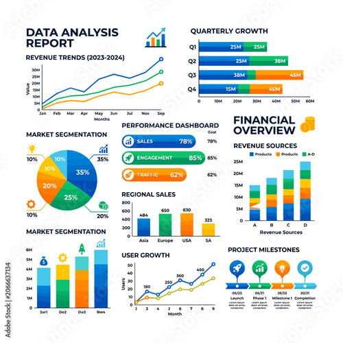 Data analysis report infographic with financial trends business intelligence infographic analysis financial