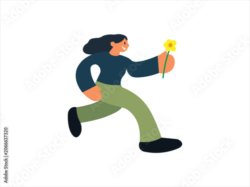 woman running bring flower, sun flower, gift, happy, vector, illustration