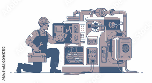 Worker inspects complex industrial machinery maintenance repair service concept