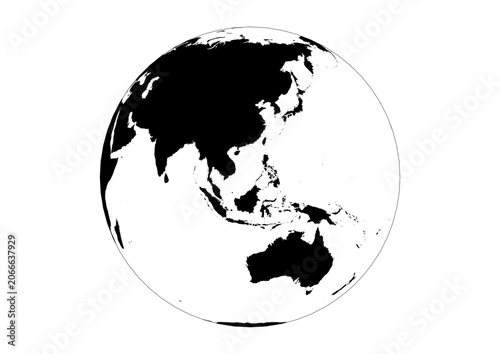 Fotografía Orthographic 3D Globe Vector Asia and Oceania APAC Region Solid Black Silhouette