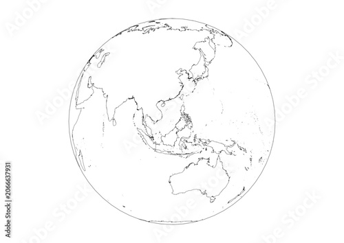 Orthographic 3D Globe Vector Asia and Oceania APAC Region Transparent Map with Black Outlines
