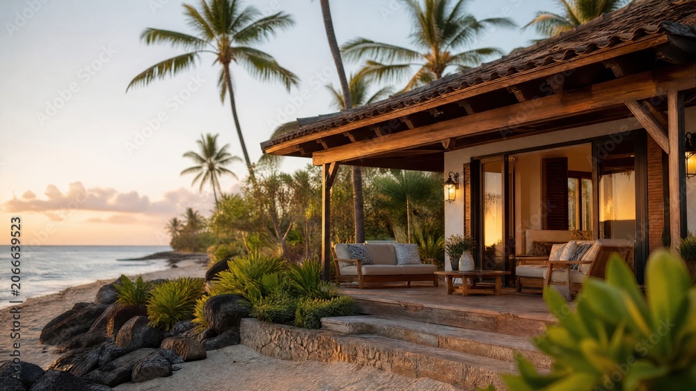 Fototapeta premium Tropical beachfront bungalow with palm trees and ocean view under sunset lighting.