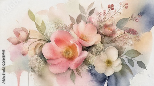 Artistic watercolor floral arrangement on textured paper with natural lighting.