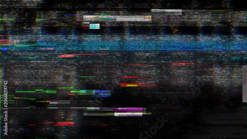 Foto Full screen digital noise texture with heavy chromatic aberration and multi colored horizontal scanning artifacts