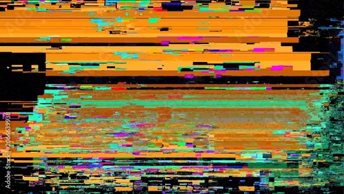 Photos Orange and turquoise glitch texture with layered horizontal stripes and complex digital noise signal corruption
