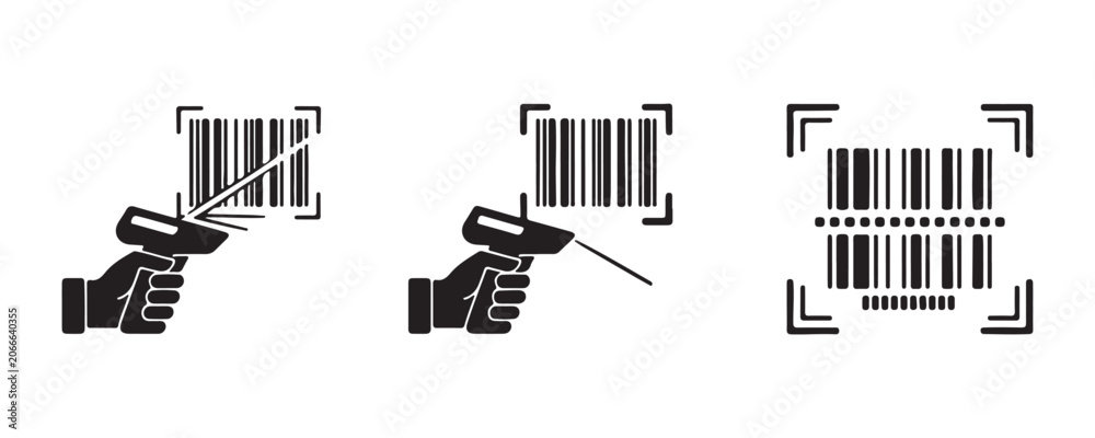 Obraz premium Hand holding barcode scanner icons set with laser beam and scan frame for warehouse inventory use.