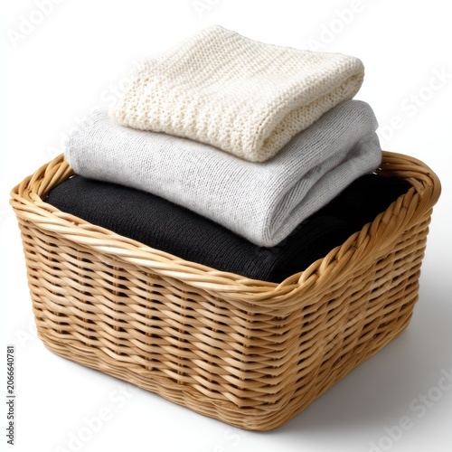 Woven laundry basket with folded clothes inside and natural texture for home organization and laundry care