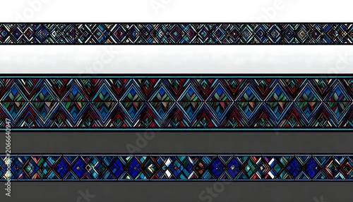 Colorful Geometric Textile Borders Arranged in Horizontal Bands on Light Background