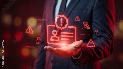 Businessman holding glowing red ID card icon with warning, padlock and fingerprint symbols representing identity theft, personal data breach and stolen credential security threat concept