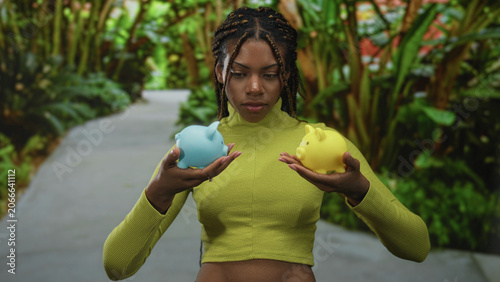 Принти на полотні Woman holding blue and yellow piggy banks with bare midriff on park path; contemplation savings choice