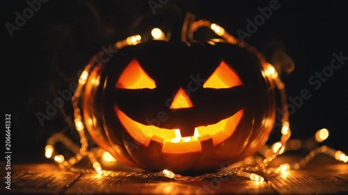 Glowing Jack o lantern with warm string lights on rustic wooden surface in dark background for autumnal holiday celebration and spooky festive decor