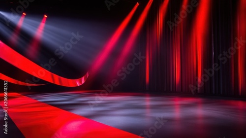 A vibrant stage scene illuminated by red lights, creating dramatic shadows and smooth surfaces