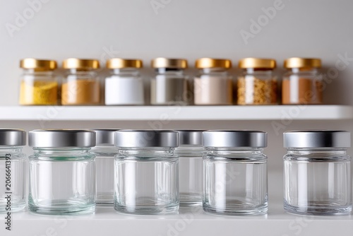 Glass spice jars with metallic lids and blank labels neatly arranged for kitchen storage mockup