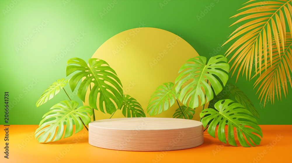 Obraz premium Wooden Podium Product Display with Tropical Monstera Leaves and Green Summer Background for Aesthetic Presentations.