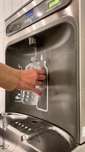 A person holds a water bottle under a refill station to fill it with water in a bright indoor space.