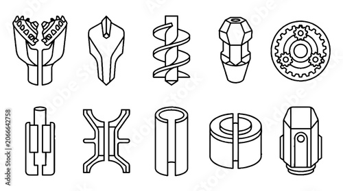 Industrial drilling equipment and mechanical parts line art icons set.