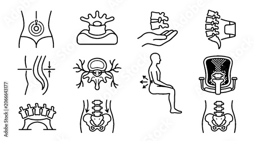Human spine health and orthopedic medical line icons set.