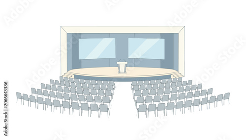 Empty conference auditorium featuring rows of gray chairs facing a stage with a central podium and two large blank display screens.