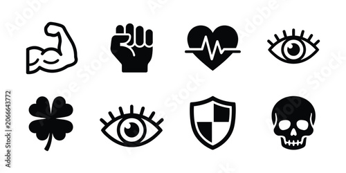 Foto Black silhouette icon set strength health luck protection and danger