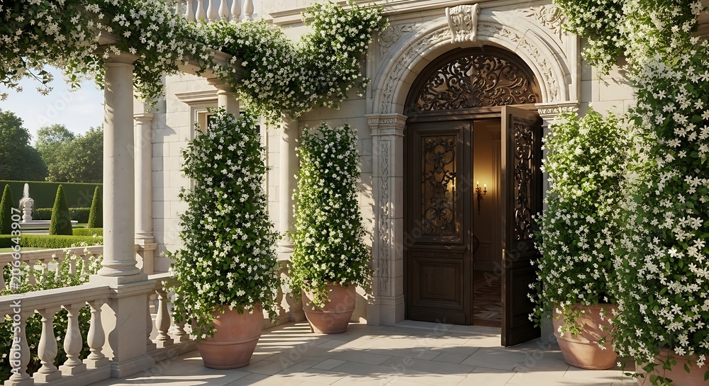 Fototapeta premium A grand stone patio with climbing jasmine plants, a small table, and chairs under a sunny sky.