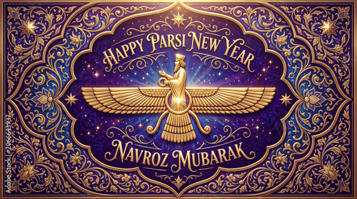 Navroz Mubarak Greeting Card with Golden Faravahar Symbol Ornate Persian Pattern and Luxury Festive Design