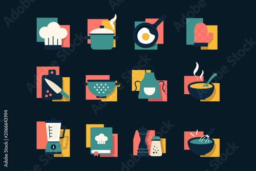 Collection of icons about the world of cooking in flat style