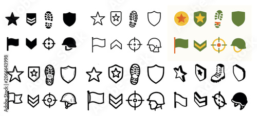 Military icons with star boot helmet flat