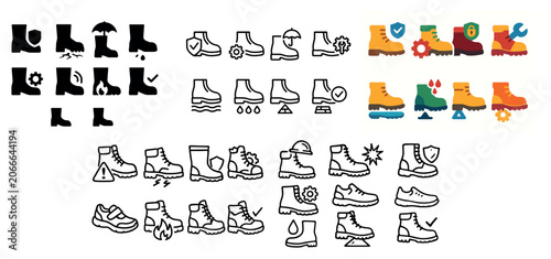 Footwear icons with boot skate shoe flat