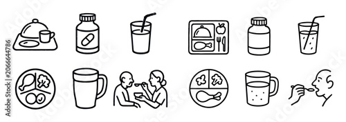 Health icons with tray pill bottle cup outline