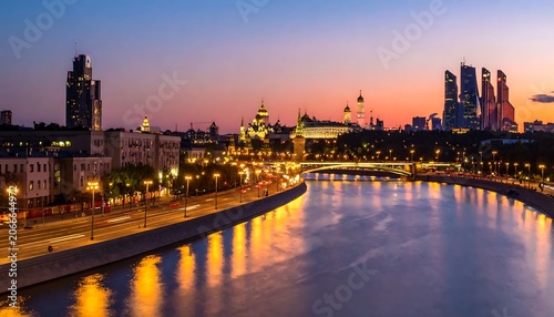Illuminated City Skyline Reflecting on Curving River at Sunset in Moscow