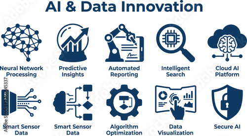 AI and Data Innovation icon set, artificial intelligence and machine learning vector symbols, predictive analytics and neural network processing graphics