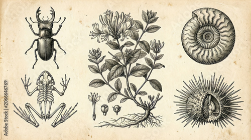 Vintage scientific botanical and zoological study drawing