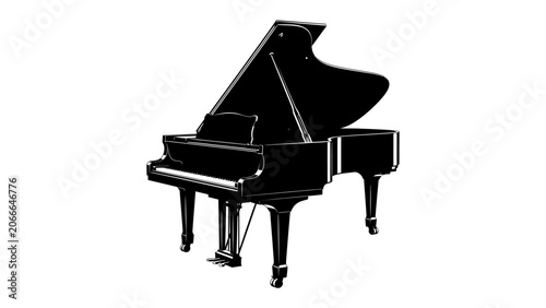 Quadro su tela Sleek Grand Piano Silhouette: A classic grand piano in a striking black silhouette, its polished surface reflecting light, stands ready to fill a room with music